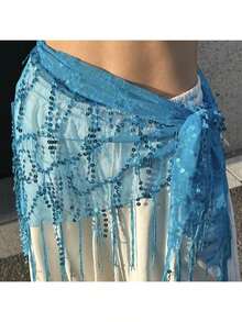 一套女士肚皮舞服装，三角形设计，腰链饰有亮片和流苏裙，适合狂欢节表演、节日庆典、派对、夜总会、海滩、异域风情、波西米亚风、复古风等场合。 - 彩色 - 查看 4