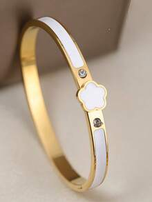 3pcs/Set Luxury Gold Bracelet Set For Women - Clover & Letter H Design Stackable Bangle, White Enamel & Cubic Zirconia, Stainless Steel Jewelry - Suitable For Party, Wedding & Daily Wear - Great Gift For Girlfriend, Wife Or Mother - Yellow Gold - View 4