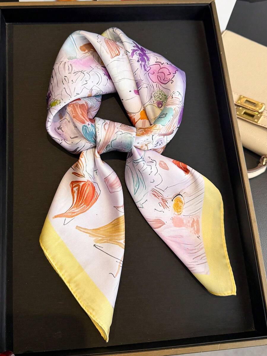 1条女士优雅复古印花轻薄缎面方巾，波西米亚风休闲女士围巾/披肩，轻薄舒适，适合春夏日常佩戴和外出。 - 彩色 - 查看 1