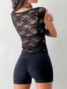 Women's Sheer Lace Tops Summer Cap Sleeve Scoop Neck Solid Color T-Shirts Blouses - 黑 - 查看 3