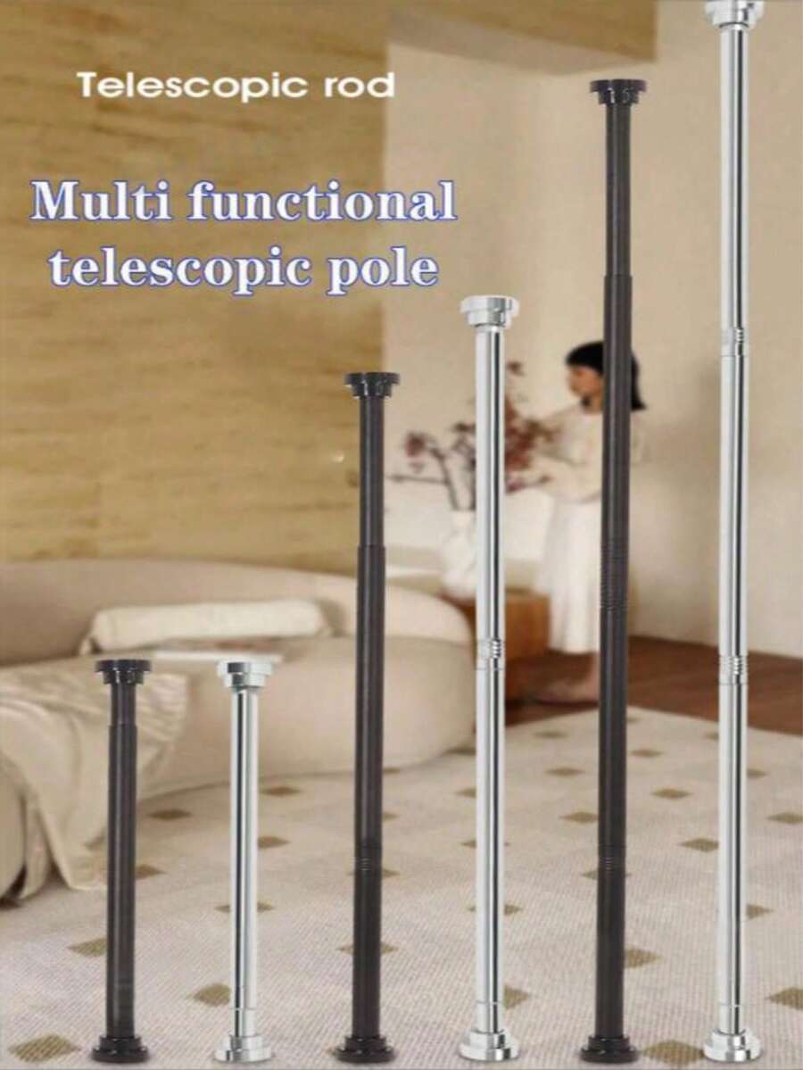 Extendable Stainless Steel Tension Rod, Suitable For Curtains, Wardrobe, Shower Curtain, Drying Rack - No Drilling Required, Adjustable Length, Available In Silver, Black, White, Gray With Practical Plastic Base