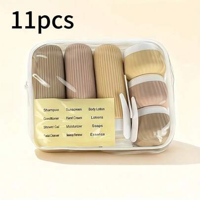 GGGold 11 Piece Travel Supplies Set, TSA Approved Travel Toiletries Container Set, 3 Silicone Leak Proof Refillable Bottles, 3 Cream Cans, 3 Accessory Sets, 1 Sticker And 1 Transparent Storage Bag, Essential For Travel Season, 11 Pcs