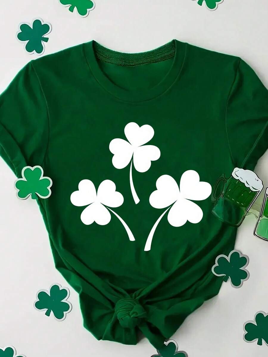 Ladies' St. Patrick's Day Green T-Shirt - Letter Leopard Print And Checkered Clover Heart Shape, Casual Short-Sleeved Round Neck - 綠色15 - 查看 1
