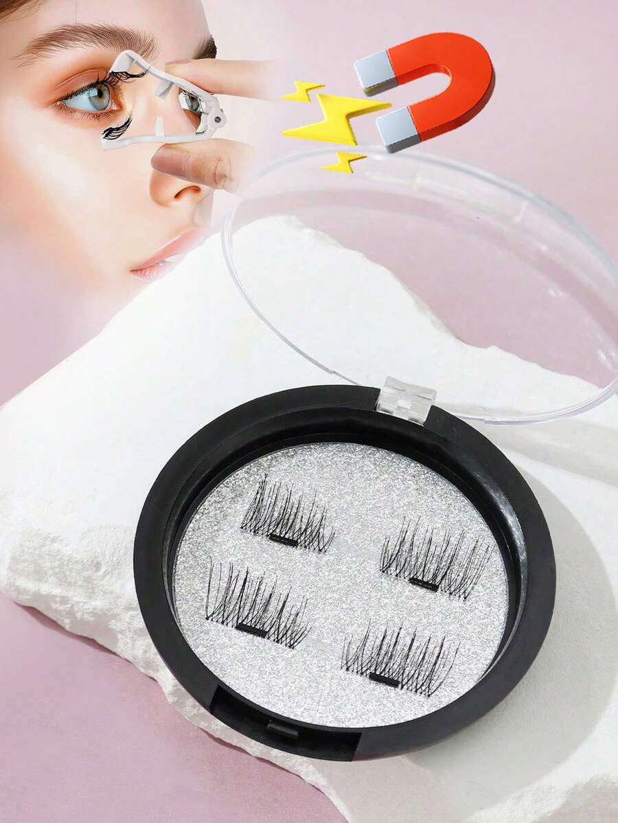 Waloshow 2 Pairs Magnetic Fake Eyelashes, Single Magnet/2 Magnets 3D Style, Glue-Free Reusable, Easy To Apply - Black - View 1