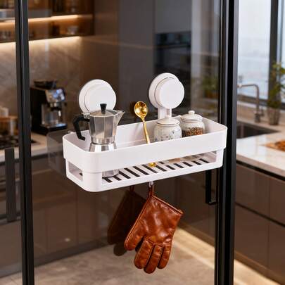 1个带吸盘的浴室置物架 | 可拆卸浴室收纳架，无需钻孔，粘胶固定，最大承重22磅，防水，浴室墙面塑料收纳篮，白色