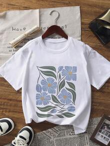 3pcs/Set Tween Girls Floral Print Short Sleeve T-Shirts, Suitable For Tween GirlsSummer Tops, Young Student Clothing - Multicolor - View 3