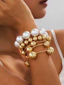 1/5 piezas Brazalete elástico exagerado vintage de oro/perla macizo, accesorio de playa para mujer adecuado para citas, sesiones de moda, vacaciones, joyería decorativa de encanto como regalo - Amarillo Oro - Ver 2