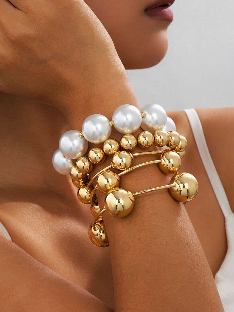 1/5 piezas Brazalete elástico exagerado vintage de oro/perla macizo, accesorio de playa para mujer adecuado para citas, sesiones de moda, vacaciones, joyería decorativa de encanto como regalo