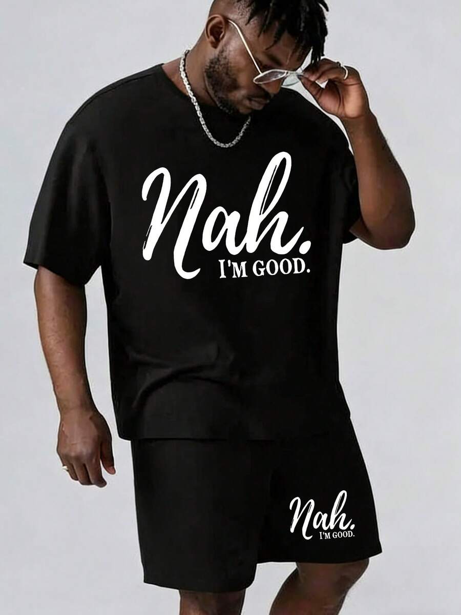 男士休闲英文印花圆领短袖T恤和抽绳腰短裤套装，夏季 - 黑色 - 查看 1