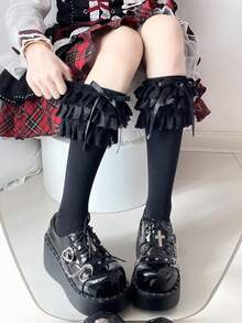 1双女士薄款洛丽塔蕾丝荷叶边蝴蝶结过膝袜，适合派对和日常穿着，春夏款 - 黑色 - 查看 7