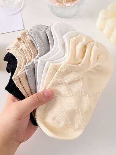 5双装女士蝴蝶结中筒袜，舒适透气，适合所有体型