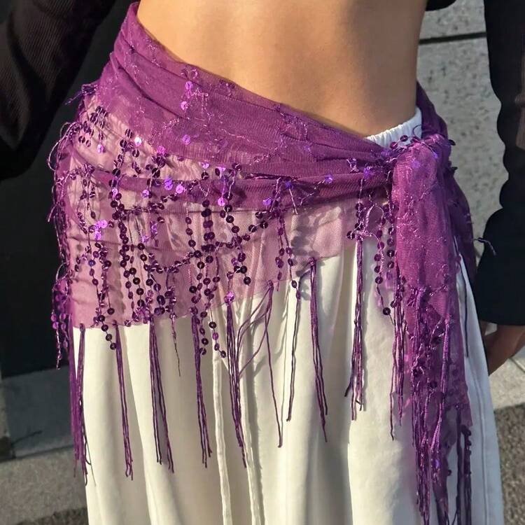 一件式女士肚皮舞服装，三角形设计，腰链饰有亮片和流苏，纱丽式缠绕款式，适合狂欢节、派对、夜总会、海滩、异域风情、波西米亚风、复古风等场合。 - 彩色 - 查看 8