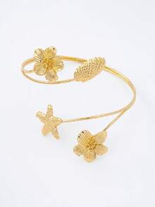 1件时尚海洋主题金属海星、贝壳和花朵吊坠手链，适合女性日常佩戴和海滩度假佩戴 - 金黃色 - 查看 3