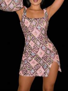 Women Y2k Sequin Mini Dress Bodycon Short Dress Sleeveless Square Neck Tank Dress Sparkly Plaid Slim Fit Dress Summer Beach Vacation Party Dress Going Out Dress Outfit Aesthetic Clothes Clubwear Streetwear - Hồng - Xem 2