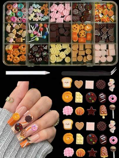 1 Box Random Mixed ABS Cartoon Simulated Toast, Chocolate, Cookie, Ice Cream, Candy, Donut Nail Art Decorations, DIY Accessories