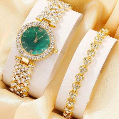 2pcs Women's Fashionable And Elegant Quartz Watch Luxurious Rhinestone Bracelet Set,Suitable For Daily Wear
