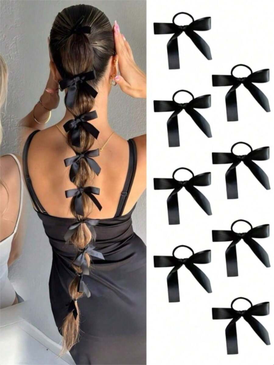 5/10个装黑色缎面蝴蝶结发圈，大号丝绸蝴蝶结弹力发绳，适合女性和女孩，可用于学校、婚礼、派对、毕业典礼、情人节、母亲节等场合，是美妆家居发饰的理想之选。 - 黑色 - 查看 1