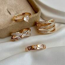 4件套简约优雅心形水钻戒指，独特设计叠戴戒指套装，生日、情人节礼物 - 金色 - 查看 9