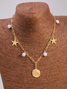 1pc Fashionable & Cute Starfish, Pearl & Shell Pendant Necklace, Versatile Accessory To Match Outfits - Gold - View 3