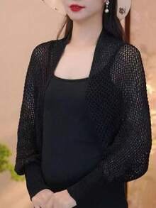 1件夏季必备冰丝披肩，空调披肩，时尚开衫，可搭配旗袍或连衣裙，韩式网纱袖设计，防晒。 - 米色 - 查看 4