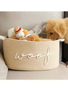 1pc Woven Rope Storage Basket With "WOOF" Embroidered Pattern - Pet Toy Organizer Basket, Suitable For Chew Toys, Blankets And Leashes, With Navy Blue Handle, Stackable Design, Personalized Pet Storage Basket For Cats And Dogs, Pet Gift - Multicolor - View 5