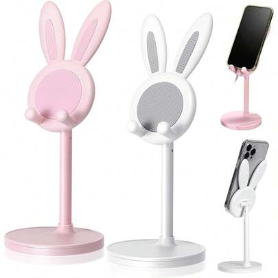 2 Packs Cute Phone Stand, Adjustable Bunny Phone Stand For Desk, Kawaii Holder Desk Accessories Bunny Gifts Favor For Girl Women(Pink And White)