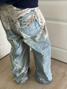 Gengyuan'S Features American Straight-Leg Jeans With AC Style, The Annual King Of Denim, 3D Illusion Print, Chain Pendant, Wash, And Vintage Long Pants - 風格 - 查看 3