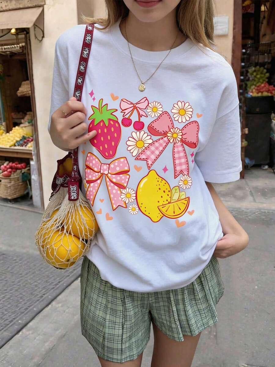 Camiseta de cuello redondo con estampado de limón, fresa y lazo para adolescentes, top casual suave para primavera/verano - Blanco - Ver 1