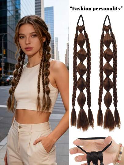 2 Packs Bubble Braided Ponytail Hair Extensions - Made Of Synthetic Fiber With Elastic Hair Ties, Suitable For Everyday Wear By Women. Hair Rubber Bands Scrunchies Hair Rope Beauty Home Hair Accessories