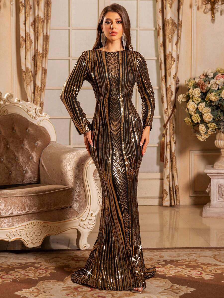 Romagic Đầm dạ hội đính kim sa vàng, cổ đứng, chất liệu chiffon, kiểu dáng trang nhã và thanh lịch theo phong cách Trung Đông dành cho phụ nữ. - Vàng - Xem 1