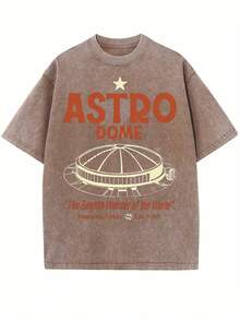 230G Washed Pure Cotton T - Shirt, Landmark - Themed Style, With Dark 'ASTRO DOME 'The Eighth Wonder Of The World' Houston,Texas Est. 1965' Text And Dome - Building Pattern Print, Outdoor Sports T - Shirt Y2K Soft Knitted T - Shirt Fall Clothes For Women Halloween - 咖啡棕 - 查看 1