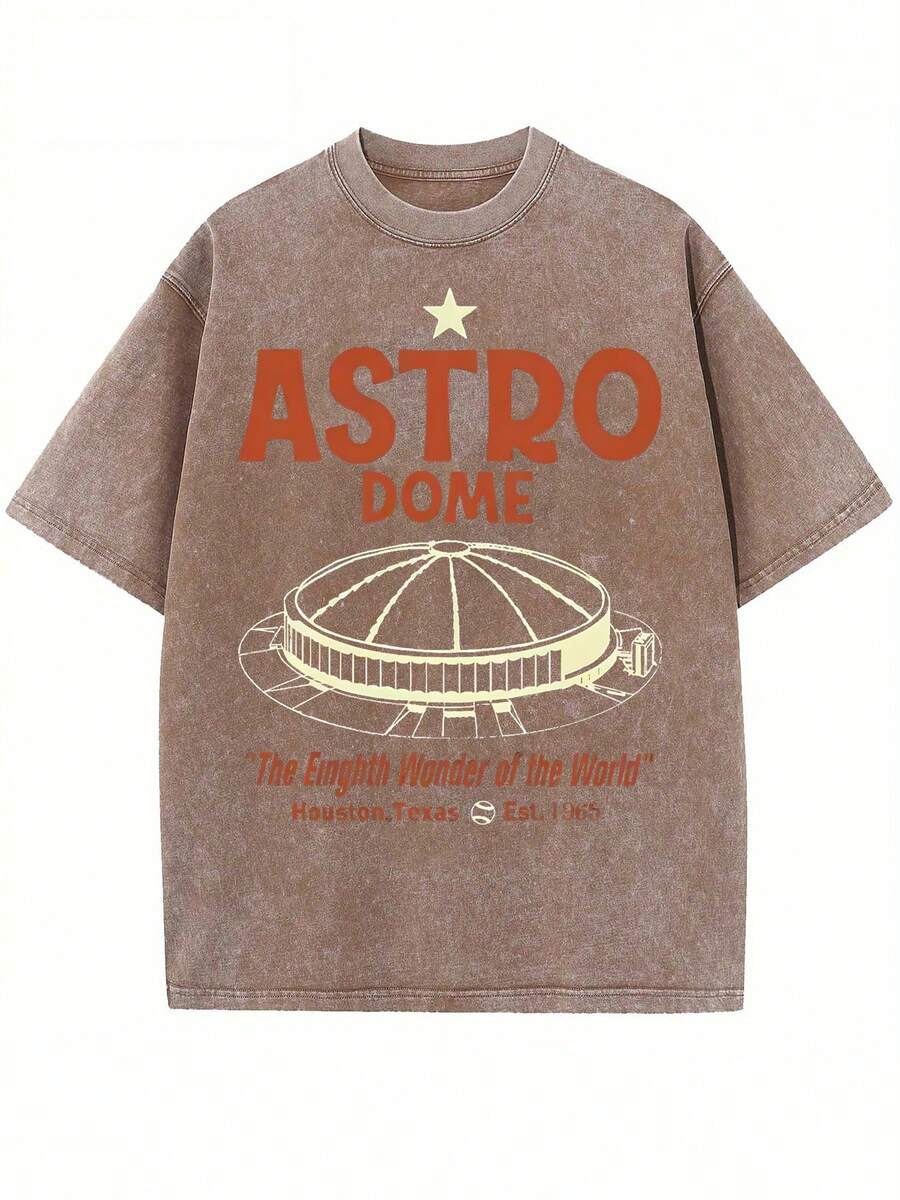 230G Washed Pure Cotton T - Shirt, Landmark - Themed Style, With Dark 'ASTRO DOME 'The Eighth Wonder Of The World' Houston,Texas Est. 1965' Text And Dome - Building Pattern Print, Outdoor Sports T - Shirt Y2K Soft Knitted T - Shirt Fall Clothes For Women Halloween - 咖啡棕 - 查看 1