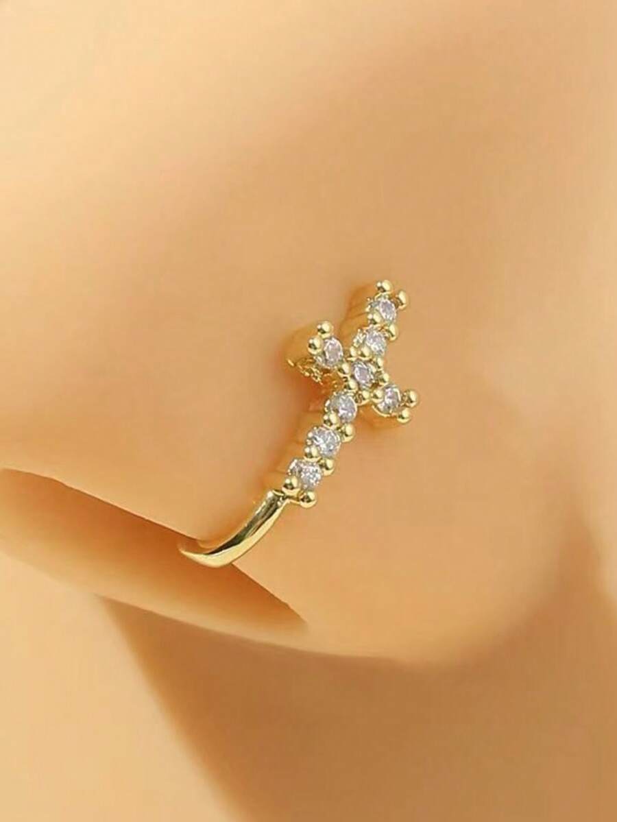 十字架造型夹式鼻环，镶嵌立方氧化锆，宗教风格鼻夹，女士日常饰品，斋月和复活节礼物 - 金黃色 - 查看 1