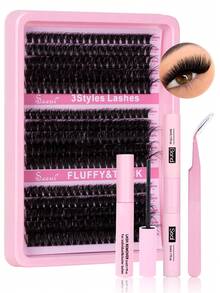 300pcs Cluster False Eyelashes Set, Thick Curly Lash Extension Kit, D-Curl, 10-18mm Mixed Length, DIY Lash Extension Set, Soft Individual Fake Lashes, Create Natural Y2K Makeup Look, Easy DIY Lash Glue, DIY Makeup Remover, DIY Lash Curler, False Eyelashes - Black - View 2