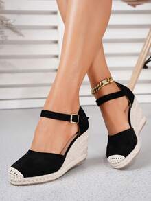 Sandal đế xuồng cao gót thời trang nữ, chất liệu rơm đan, kiểu dáng thường ngày, thích hợp cho kỳ nghỉ. - màu đen - Xem 4