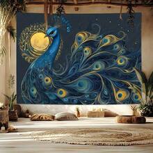 2D Flat  1 Piece Elegant Blue Peacock Background Cloth |   Mobius Starry Canvas Poster, Dark Blue, Gold, And Turquoise  No Electricity Needed Party Decoration, Wedding, Home, Office Wall Hanging  Durable Polyester Fabric Indoor Use - 多色 - 查看 8