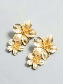 1pair Fashionable And Elegant Flower Shaped Alloy Earrings, Four Seasonal Golden Minimalist Ear Drops, Suitable Women Daily Wear Valentines - Vàng - Xem 6