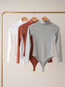 Women's Bodysuit Kit, High Neck, Long Sleeve, Second Skin, Basic, Versatile, Fashion Blogger Style, - 白色-可可色-灰色 - 查看 1