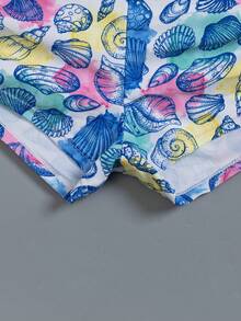 新款夏季时尚贝壳印花荷叶边比基尼套装，细肩带搭配高弹力短裤，沙滩度假套装及女士泳装 - 彩色 - 查看 9