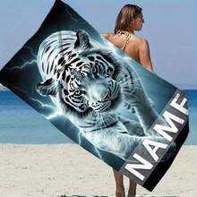 1pc Heavy-Duty Custom Name/Text & Print (Black Lion/White Tiger) Quick-Dry Bath Towel Suitable For Swimming Pool, Beach, Spa - Personalized Summer Swimming Gear - Multicolor - View 3