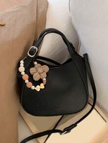 Fashionable Solid Color Retro Multifunctional Handbag, Niche Design Simple Texture Daily Crossbody Bag, Large Capacity Shoulder Bag With Flower Pendant, Suitable For Shopping, Commuting, Daily Outdoor Work Matching, Etc - Black - View 9