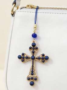 Lianxyfu 1Piece Elegant Phone Charm, Imitation Pearls Embellished Cross Pendant, Luxury Phone Case, Bag And Keychain Versatile Accessory, Fashion Gift - D - View 3