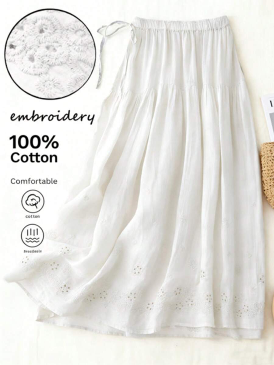 Chân váy xếp ly thắt nơ phía trước kiểu Bohemian thêu họa tiết, thích hợp cho kỳ nghỉ, mặc hàng ngày, du lịch, mùa xuân/hè. Màu trắng. - trắng - Xem 1