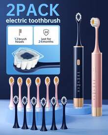 Cepillo de dientes eléctrico para adultos, recargable por USB, con 12 cabezales de cepillo, temporizador inteligente, 6 modos - Azul, Blanco - Ver 2