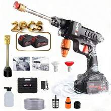 Lavadora a presión eléctrica inalámbrica portátil, con 2 baterías, cargador y accesorios completos. Pistola de lavado de alta presión con accionamiento automático, ideal para limpieza de coches, suelos, terrazas y múltiples superficies.300W - Negro - Ver 1