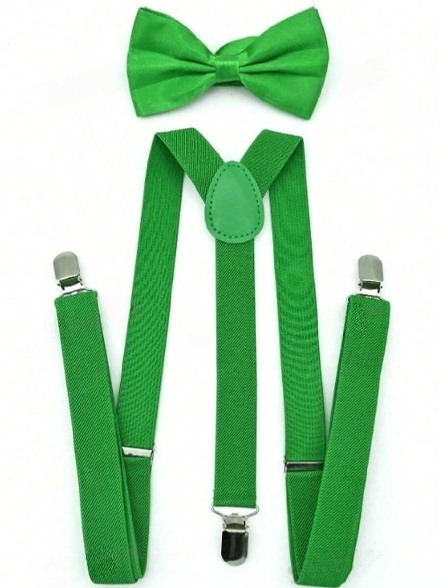 一套男士绿色休闲领结和吊带套装，含吊带夹，适合日常佩戴，英伦风男女通用吊带夹，弹性织带可调节吊带，领结吊带套装 - 綠色 - 查看 1