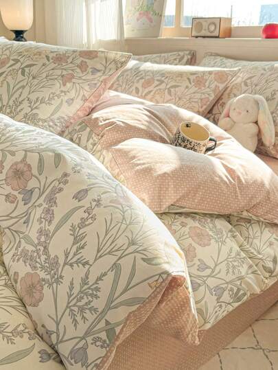 3 قطع طقم بياضات غرفة نوم من القطن الخالص 100% بتصميم زهري ريفي جديد لعام 2026، يتكون من 2 غطاء وسادة + 1 غطاء لحاف