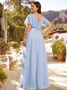 EVERPRETTY 优雅荷叶边薄纱高腰浅蓝色伴娘礼服，春夏婚礼宾客正式礼服，新娘母亲婚礼派对礼服 - 淺藍色 - 查看 3