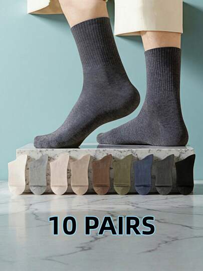 5 Pairs/10 Pairs Men's Neutral Mid-Calf Socks, Elastic, Antibacterial, Odor-Resistant, Solid Black/White/Gray Simple Cotton Socks Suitable For Casual, Daily, And Business Wear