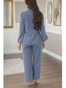 Women's Set: Long-Sleeved High-Neck Blouse And High-Waisted Wide-Leg Pants In Knit Fabric, Winter/Cold Weather Knit, Suitable For Holidays. - 淺灰色 - 查看 4